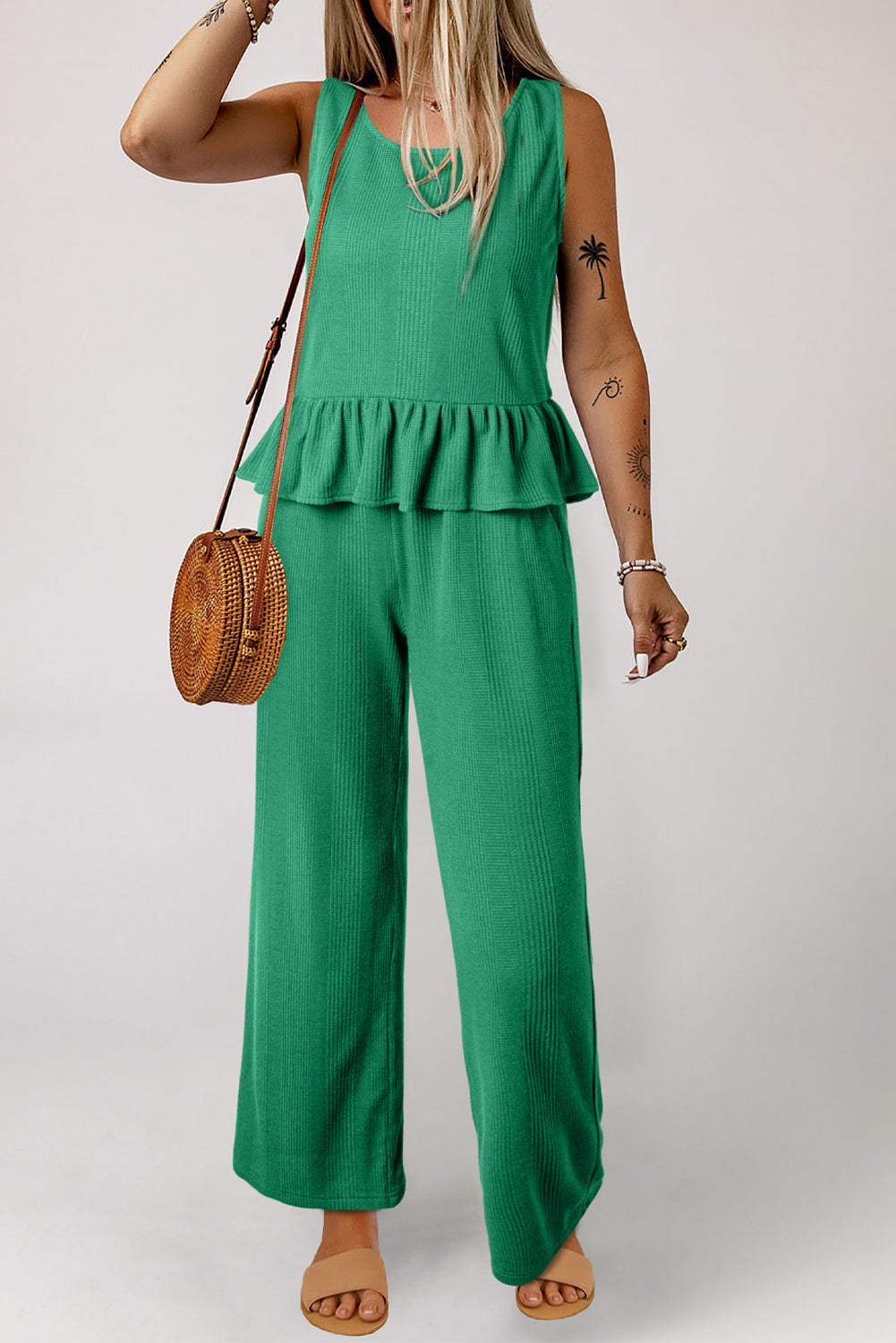 Beau Blue Solid Color Ribbed Ruffle Tank Top and Pants Set