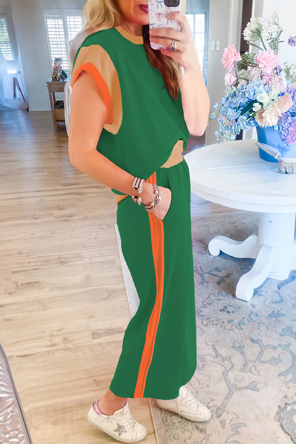 Racing Red Color Block Detail Casual Two-piece Set