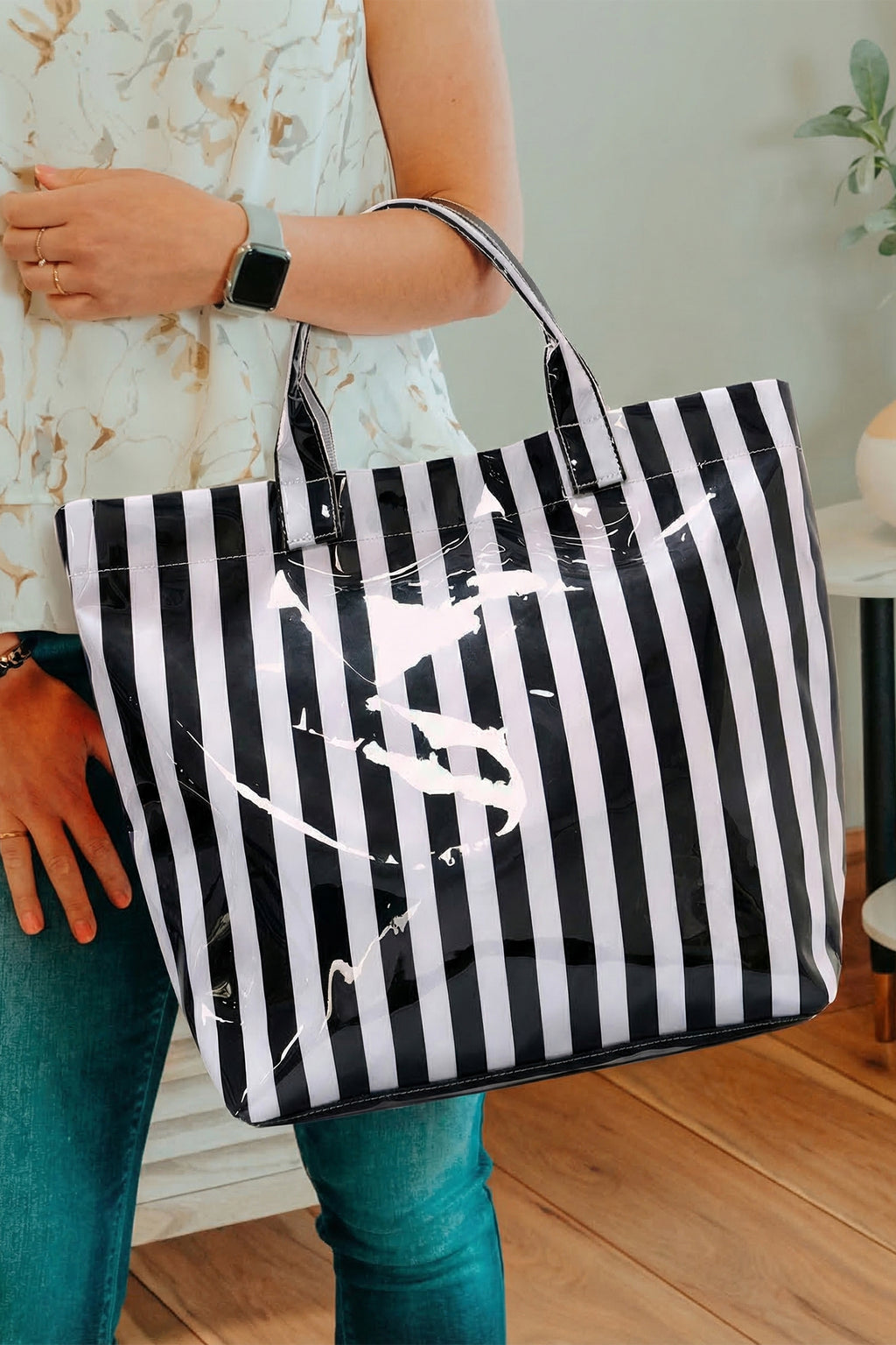 Blackish Green Glossy Striped Vinyl Large Tote Bag