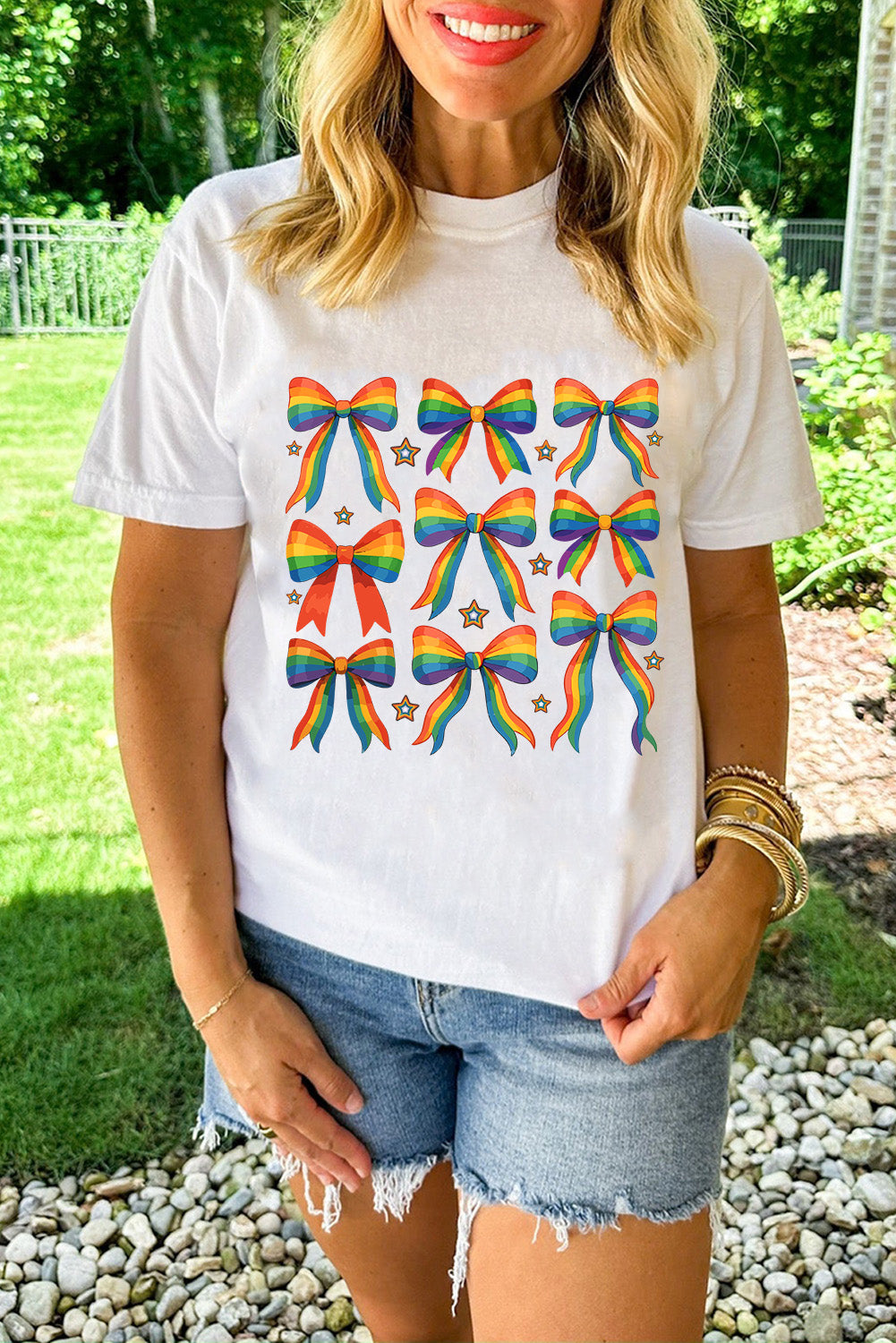 White Pride Bow Starry Print Cotton Blend T Shirt