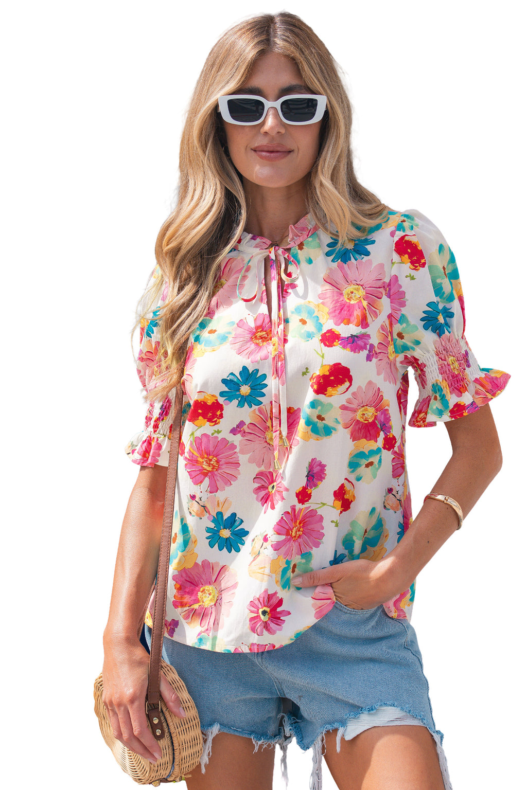 Beige Vibrant Summer Floral Tie V Neck Short Puff Sleeve Blouse