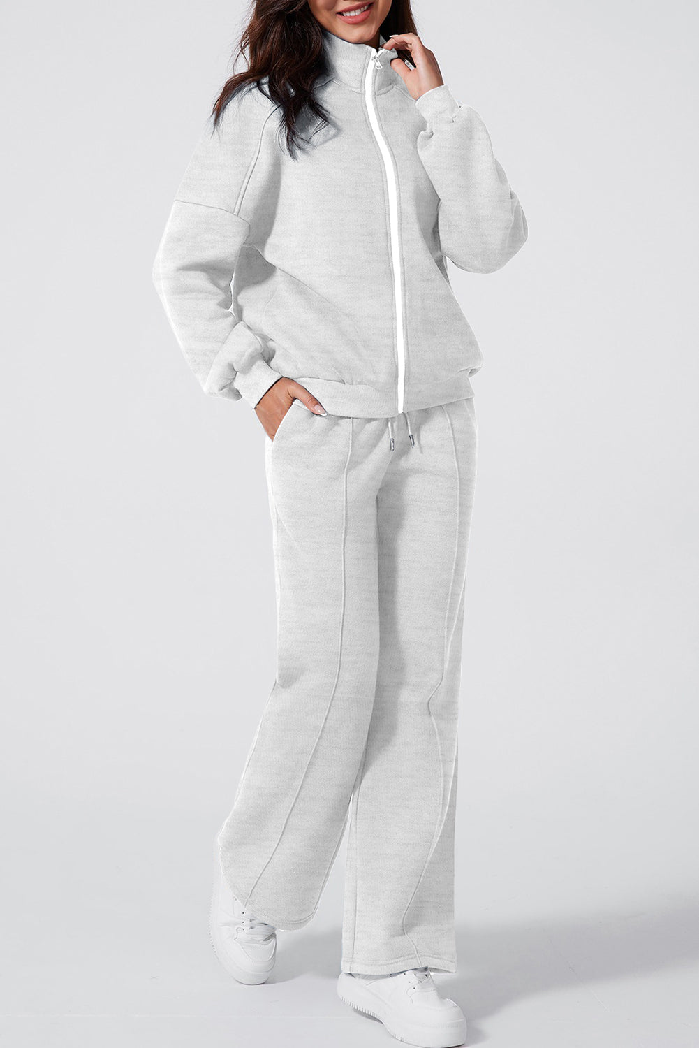 Clearly Aqua Drop Shoulder Zip Up Jacket Drawstring Pants Active 2pcs Set