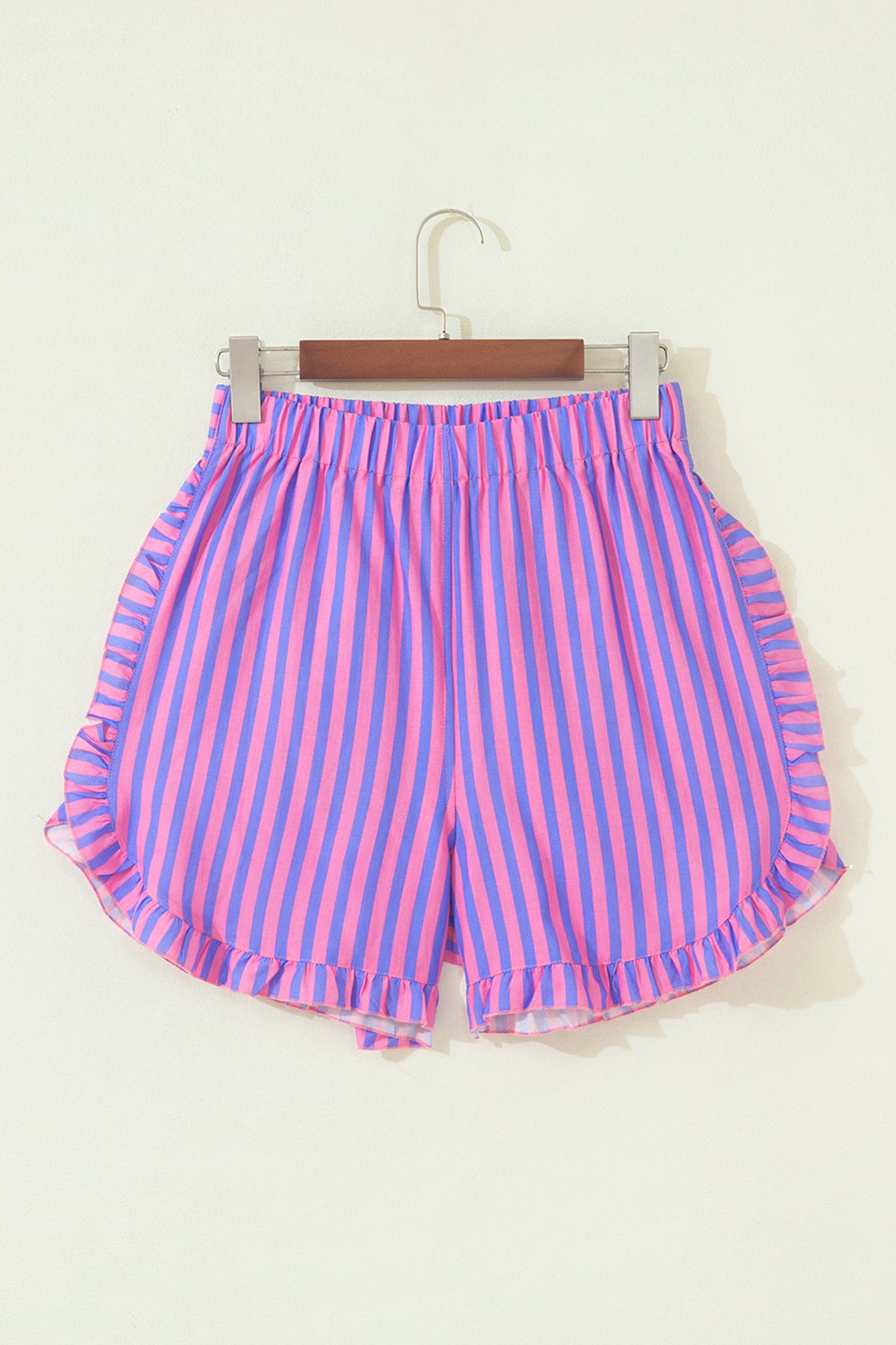 Rose Stripe Elastic Waist Ruffle Trim Casual Shorts