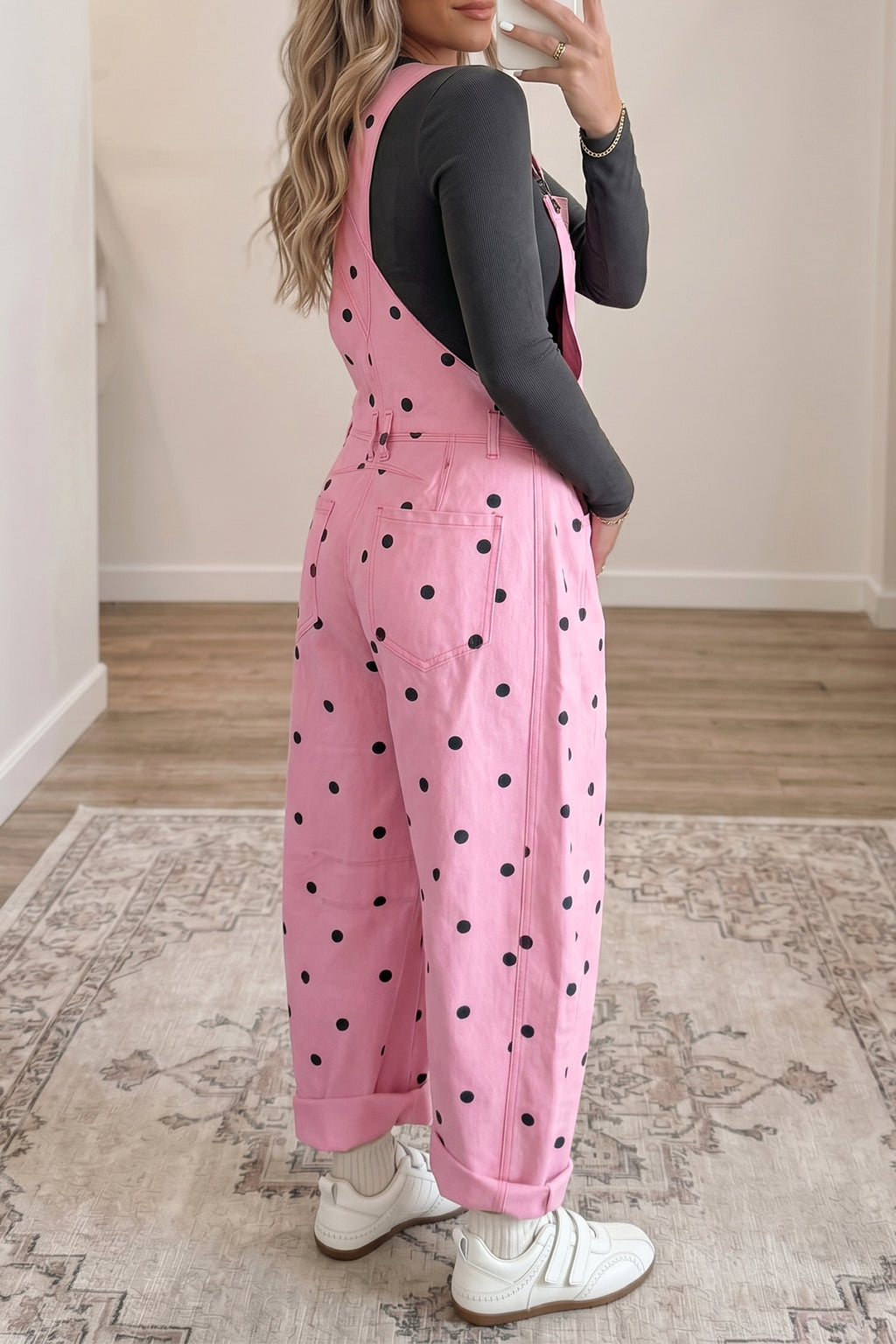 Light French Beige Polka Dot Print Bib Pocket Denim Barrel Overalls Jumpsuit