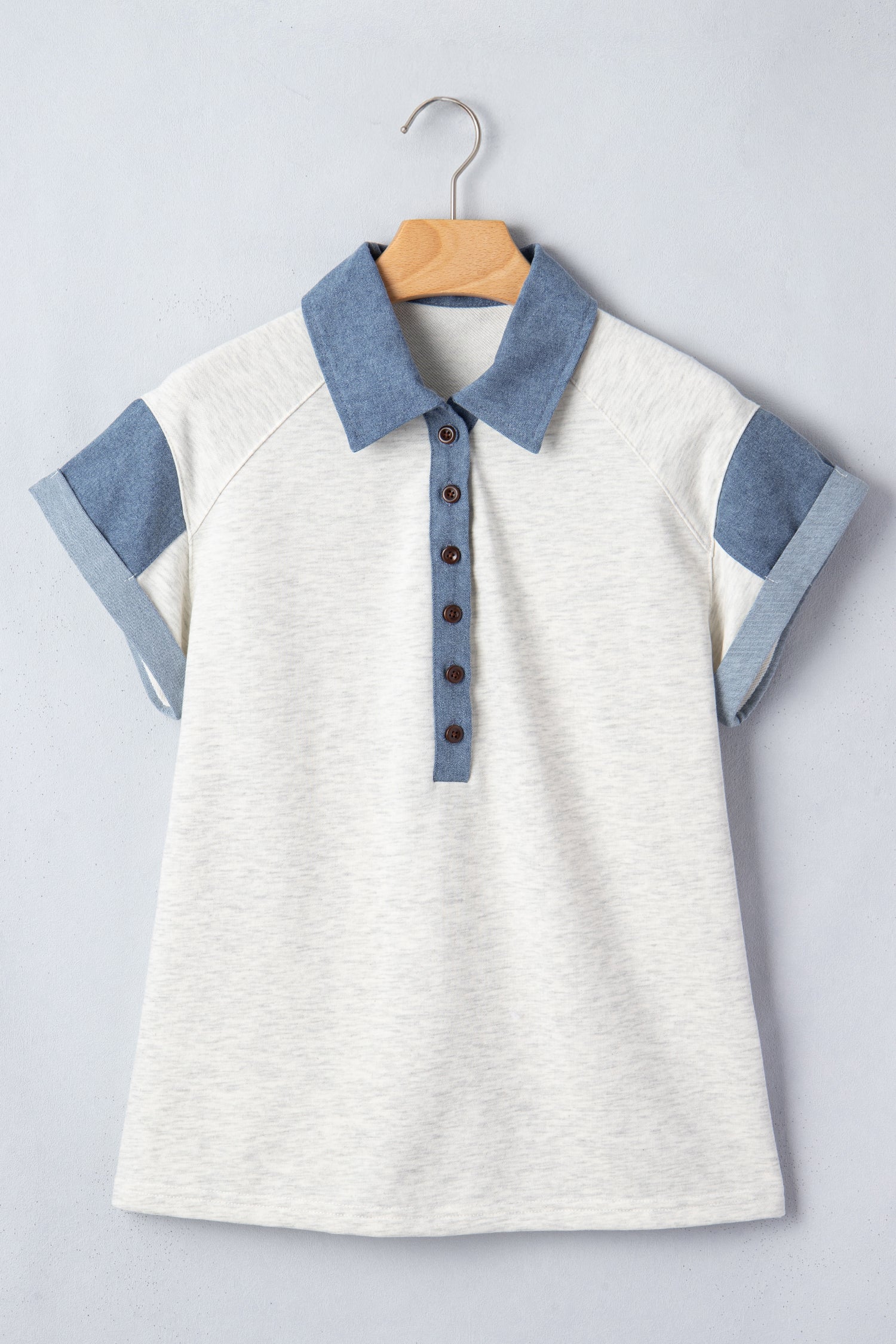 Carbon Grey Denim Color Block Patchwork Shirt Collar Short Sleeve Blouse