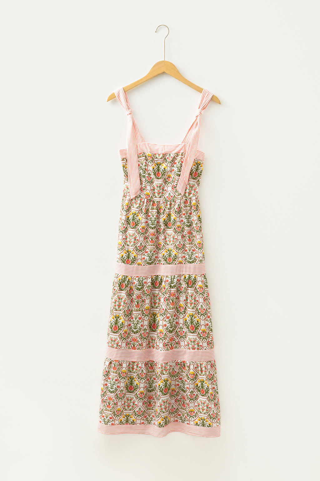 Pink Geometric Floral Print Striped Patchwork Detail Sleeveless Dress