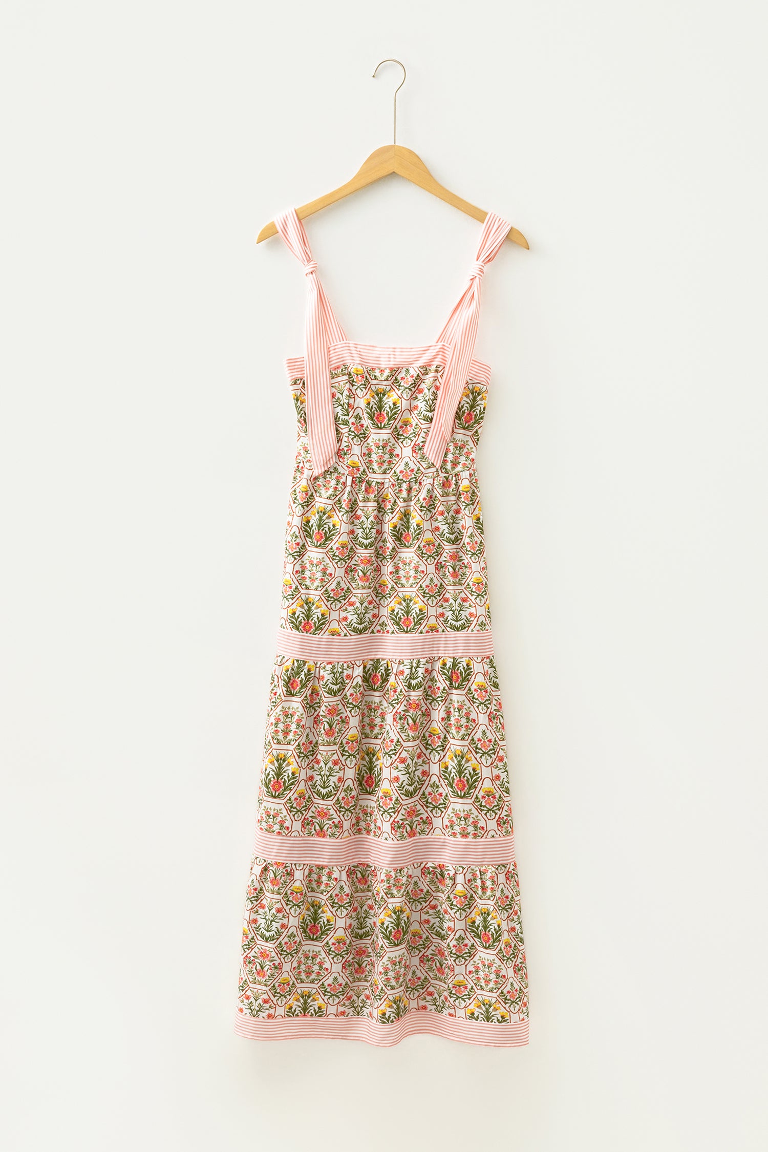 Pink Geometric Floral Print Striped Patchwork Detail Sleeveless Dress