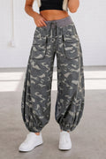 Khaki Drawstring Contrast Waistband Camouflage Cargo Barrel Pants
