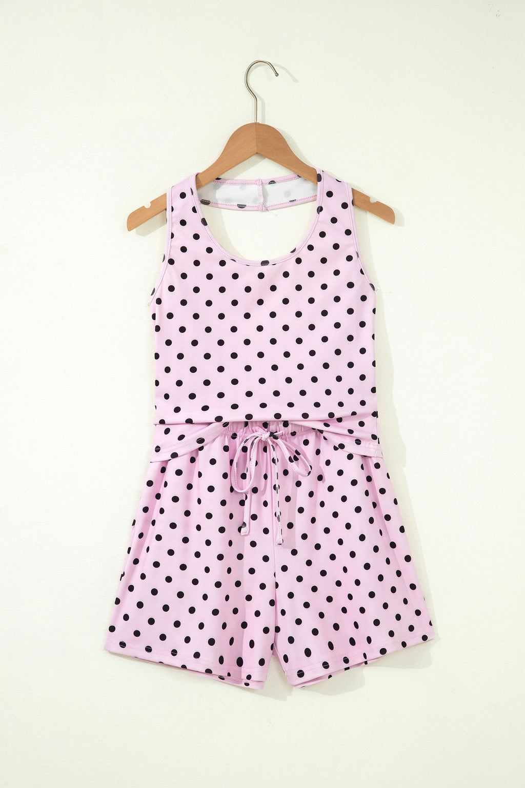 Brown Polka Dot Halter Tank Drawstring Elastic Waist Short Set