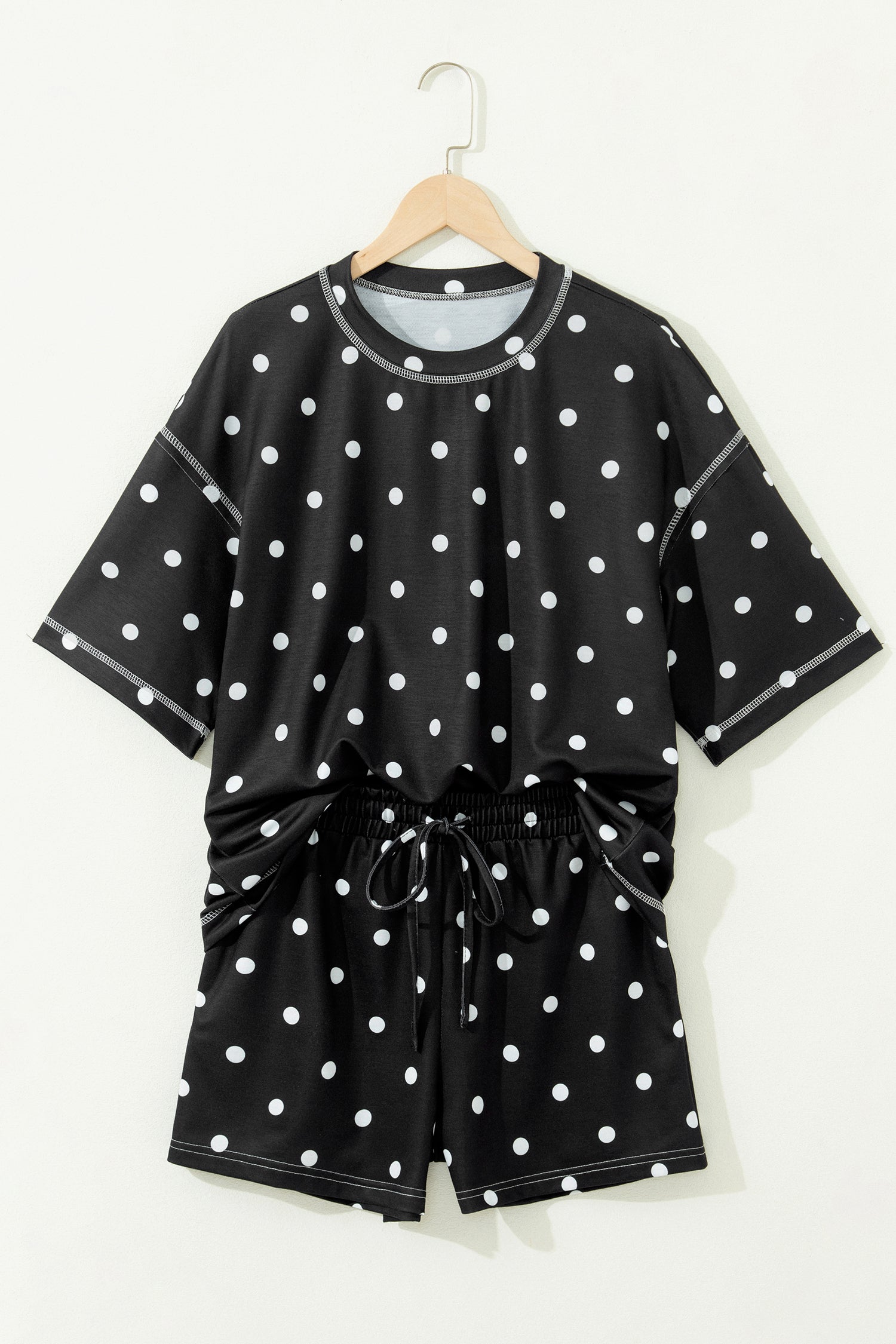 Sky Blue Exposed Seam Detail Polka Dot Loose Tee Drawstring Shorts Set