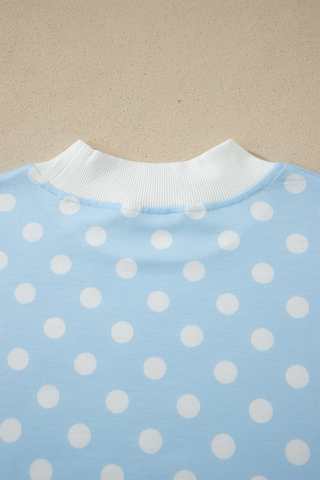 Sky Blue Polka Dot Print Color Block Trim Mock Neck Short Set