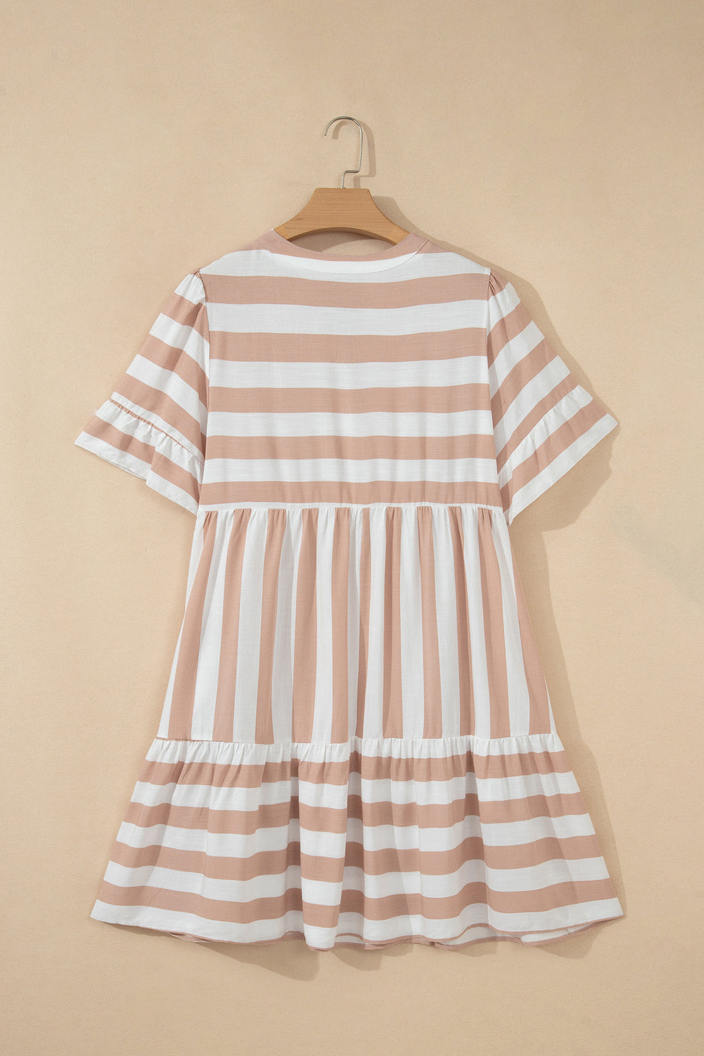 Khaki Stripe Tie V Neck Ruffle Trim Short Sleeve Flared Summer Dress