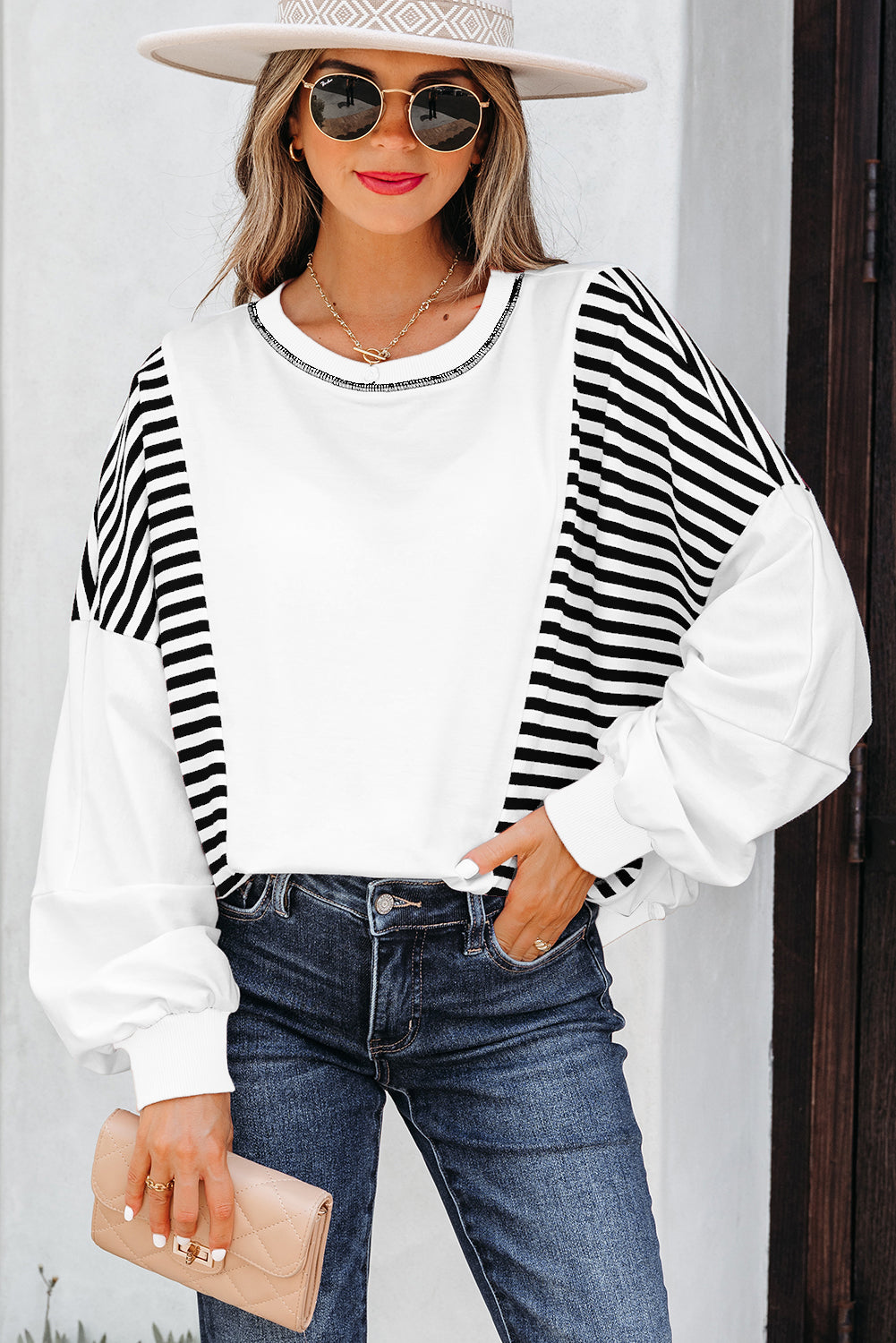 Brown Stripe Colorblock Patchwork Contrast Stitching Oversize Sweatshirt