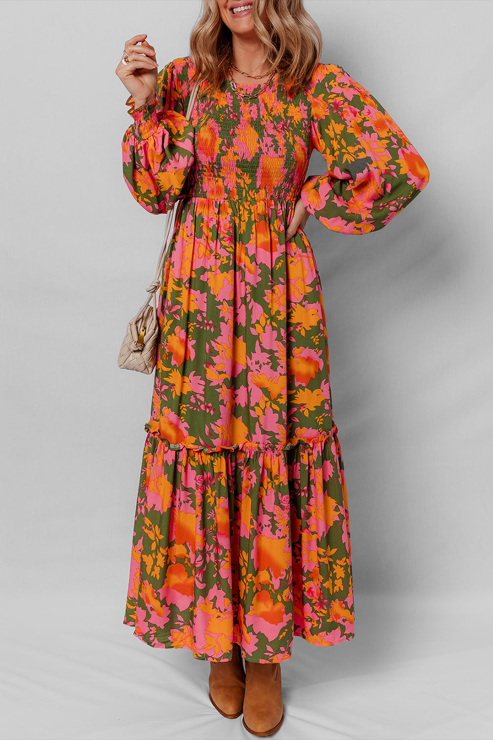Orange Floral Puff Sleeve Smocked Bodice Ruffled Long Dress