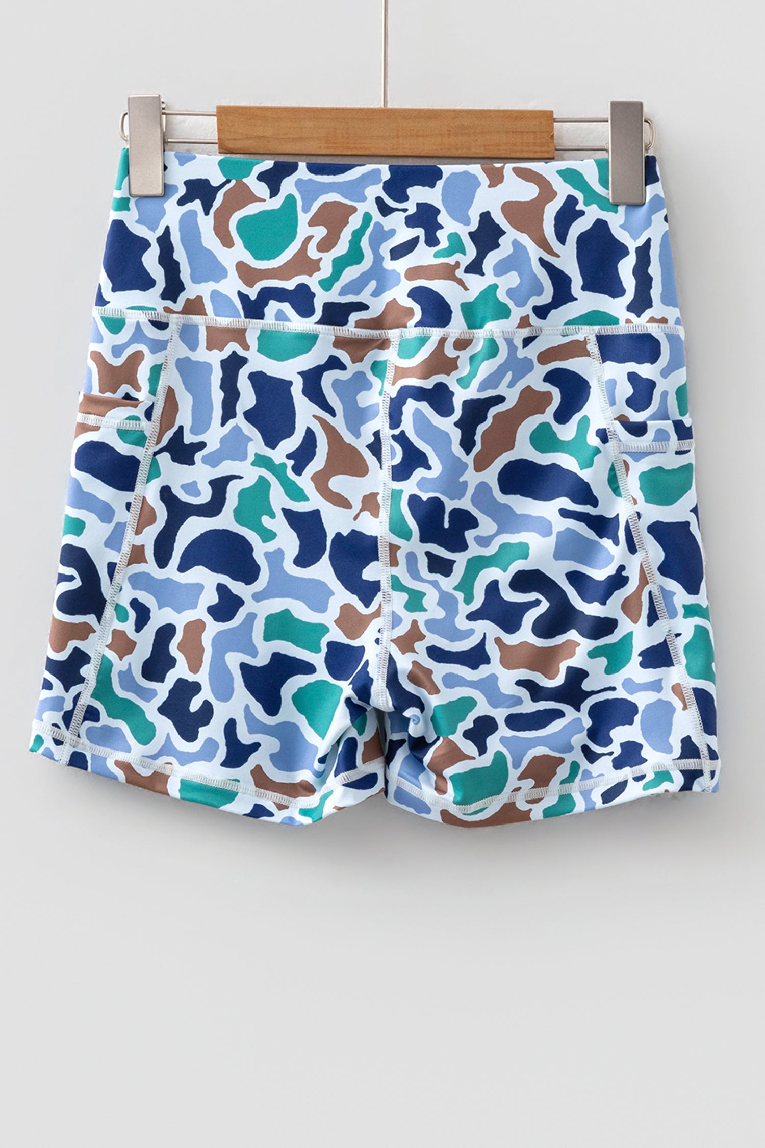 Sky Blue Abstract Camo Printed Seam Detail Biker Shorts