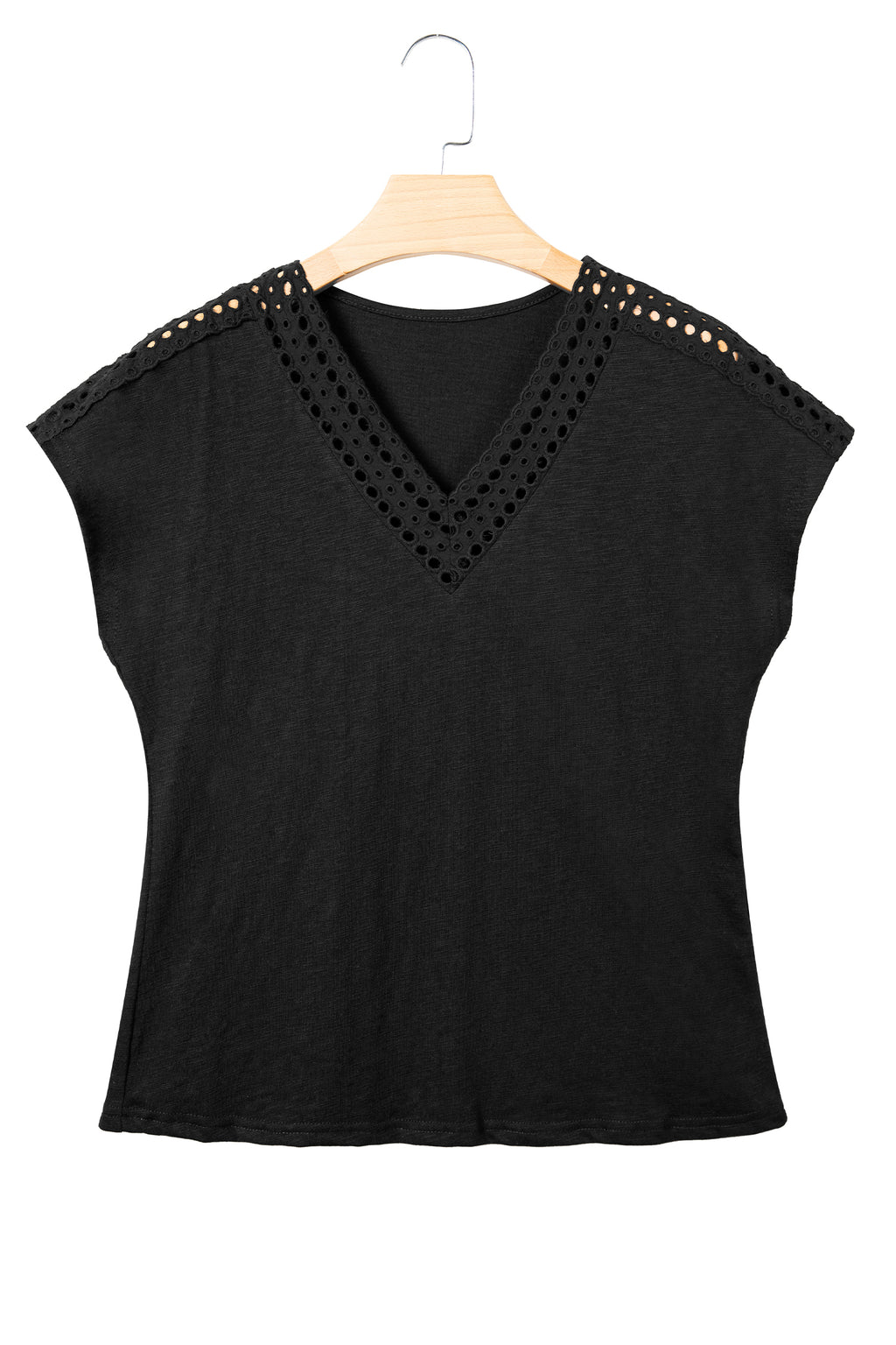 Black Cutout Embroidered Trim V Neck Cap Sleeve Tee