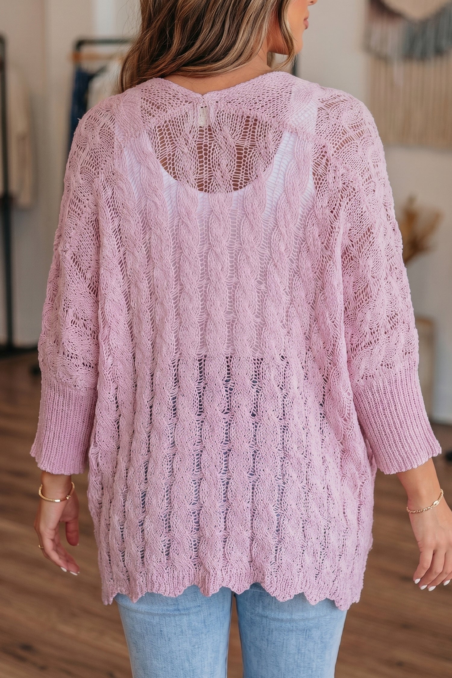 Pink Hollowed Pattern Knit Drop Shoulder Open Sweater Cardigan