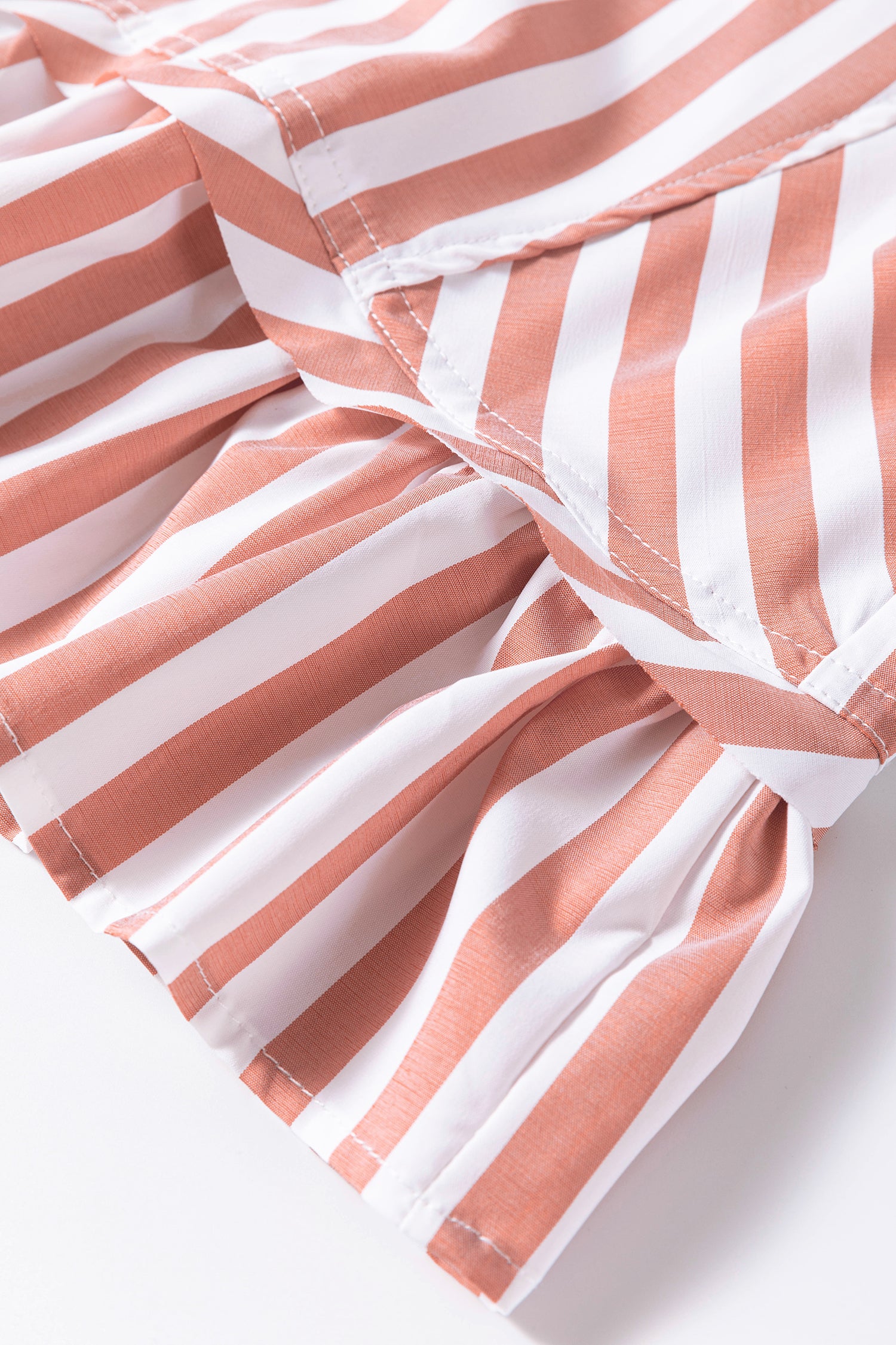 Khaki Stripe Button Front Ruffle Hem Bracelet Sleeve Shirt