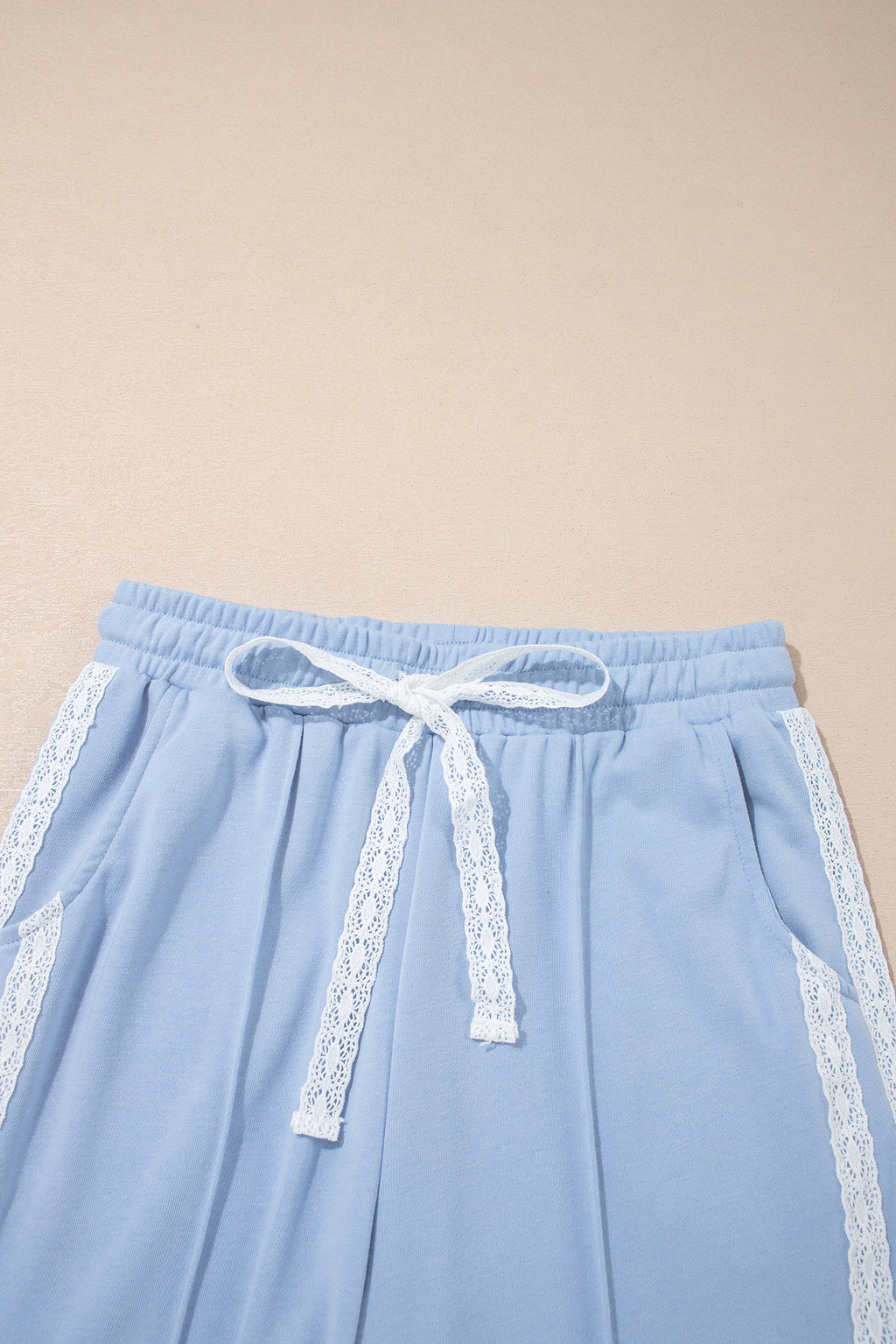 Sky Blue Lace Accent Zipped Collar Short Sleeve Top Sweatpants Set
