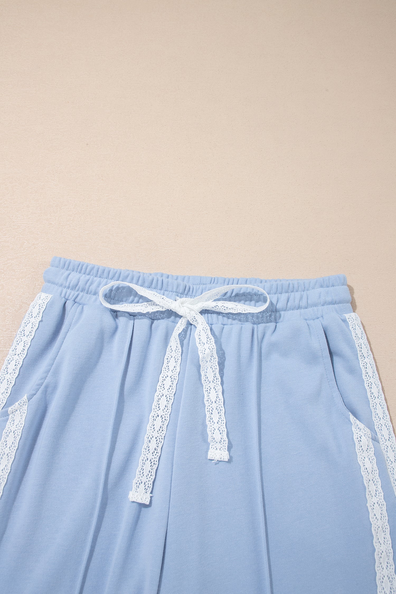 Sky Blue Lace Accent Zipped Collar Short Sleeve Top Sweatpants Set