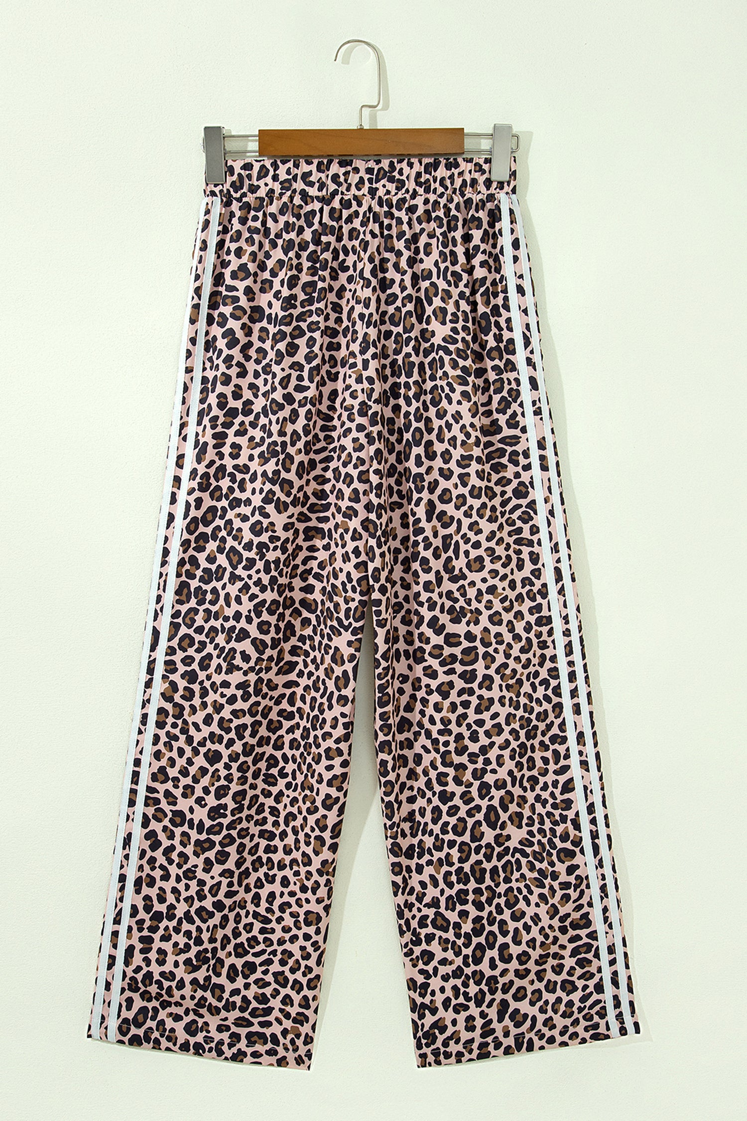 Beige Leopard Print Side Striped Detail Casual Wide Leg Pants