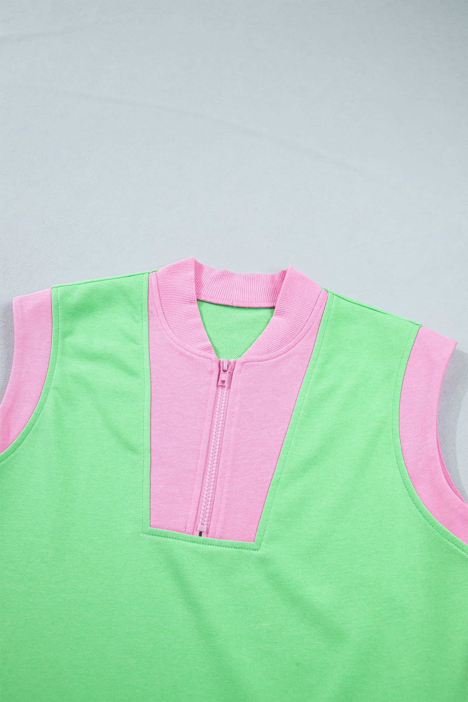 Green Color Block Accent Half Zip Top Athleisure Shorts Set