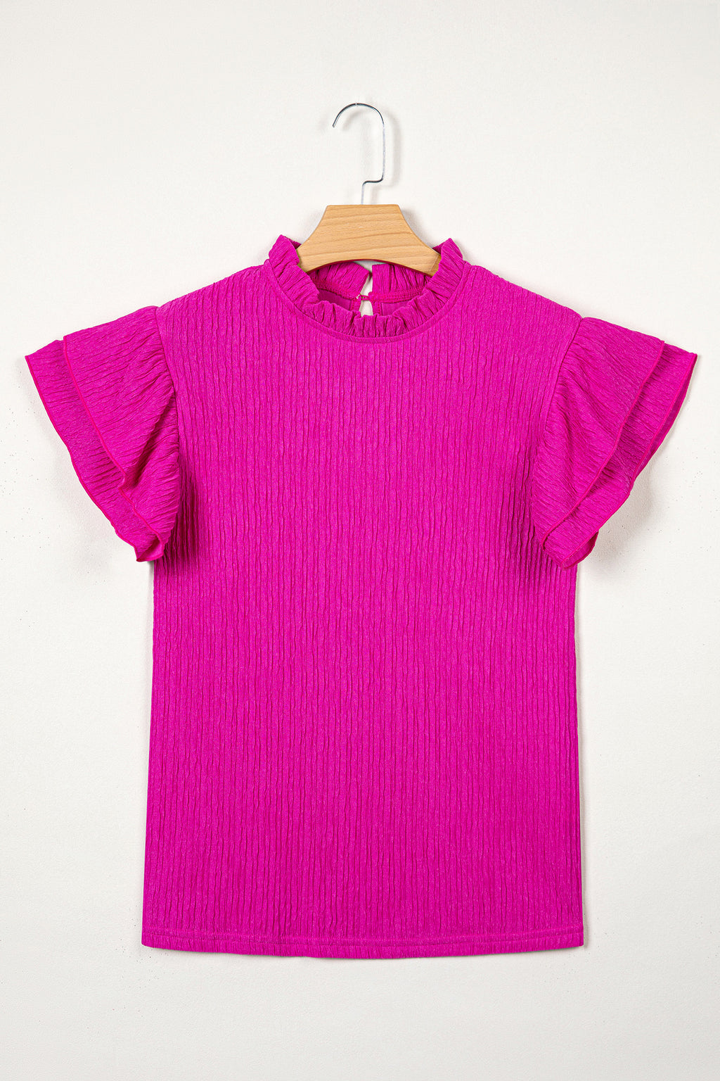 Black Solid Color Textured Ruffle Trim Short Sleeve Blouse