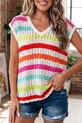 Multicolour Striped Eyelet Knit V Neck Sweater Tee
