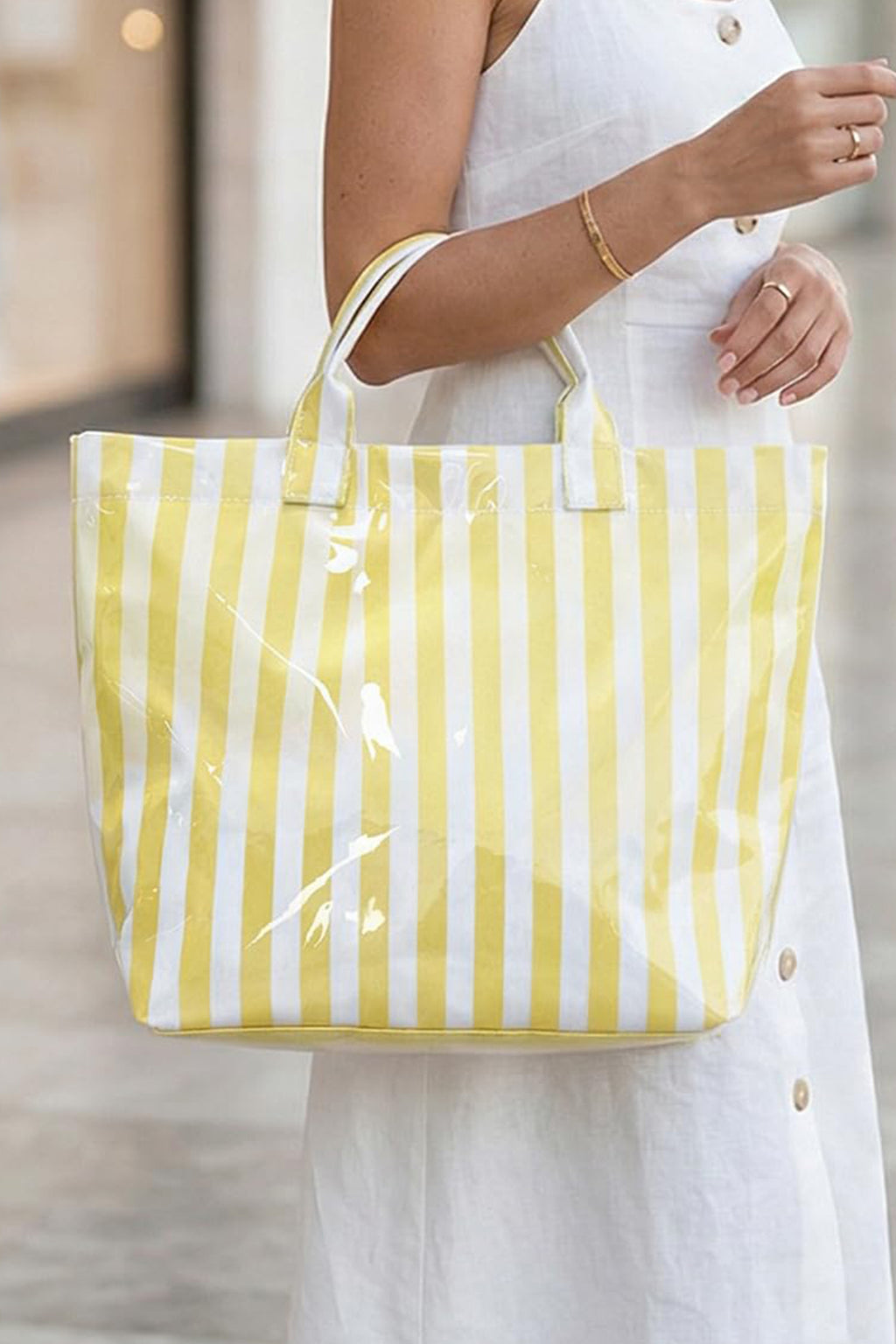 Blackish Green Glossy Striped Vinyl Large Tote Bag