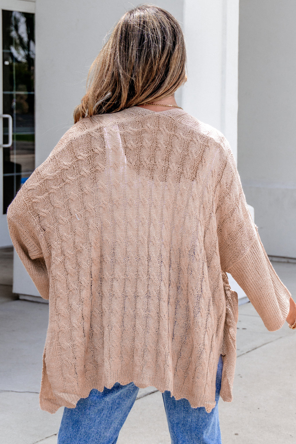 Pink Hollowed Pattern Knit Drop Shoulder Open Sweater Cardigan