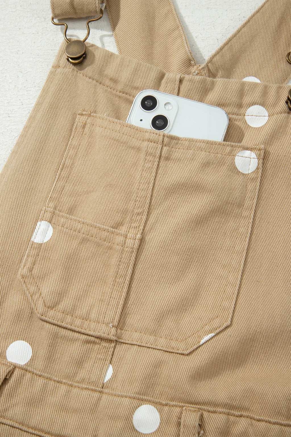 Light French Beige Polka Dot Print Bib Pocket Denim Barrel Overalls Jumpsuit