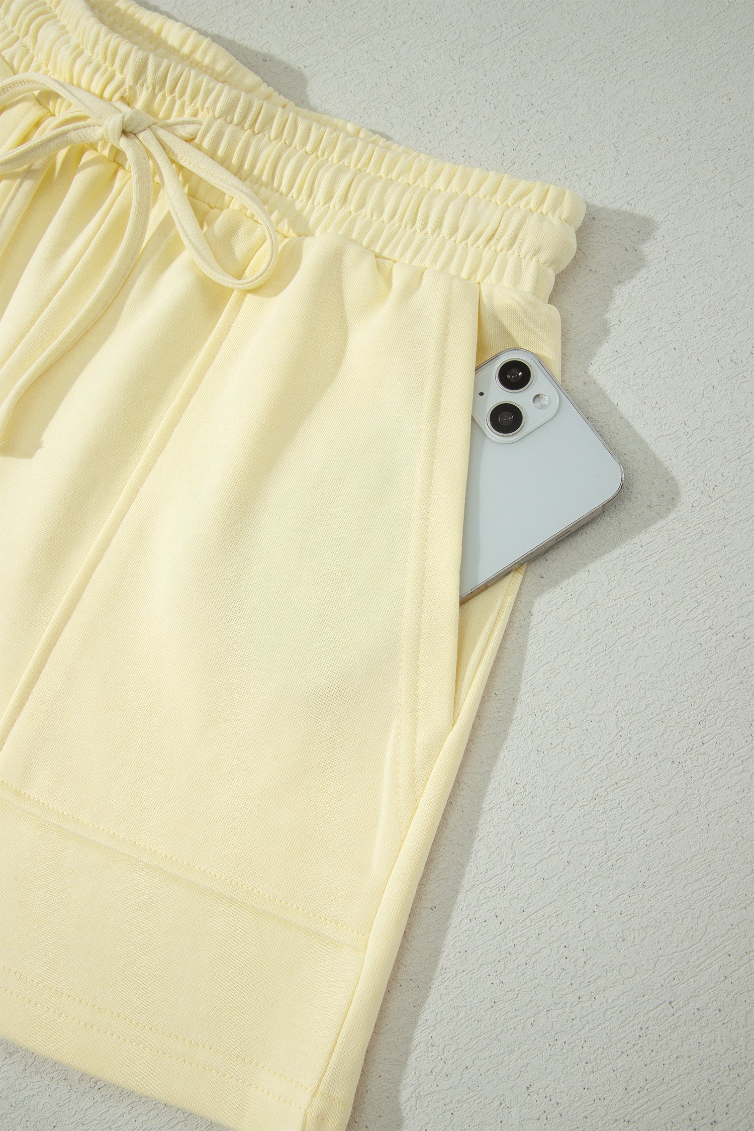 Yellow Cream Solid Color Tee Drawstring Shorts Comfy 2pcs Set