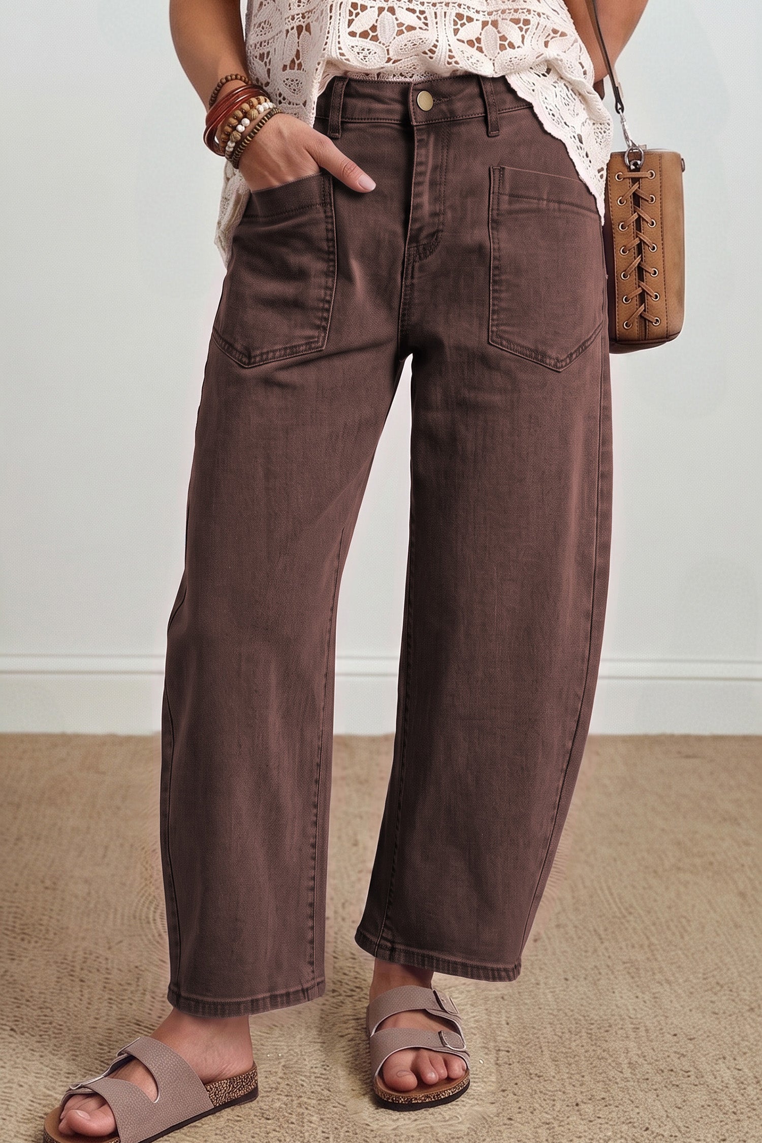 Coffee Solid Color Square Patch Pocket Ankle-length Barrel Jeans