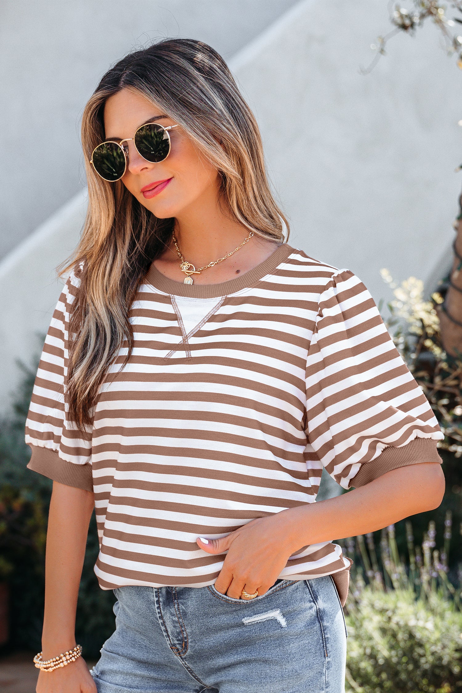 Sky Blue Stripe Short Bubble Sleeve T Shirt