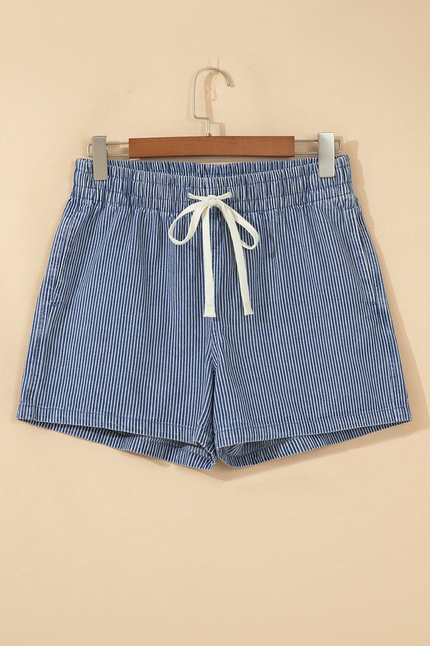 Sky Blue Stripe Drawstring Elastic Waist Casual Denim Shorts