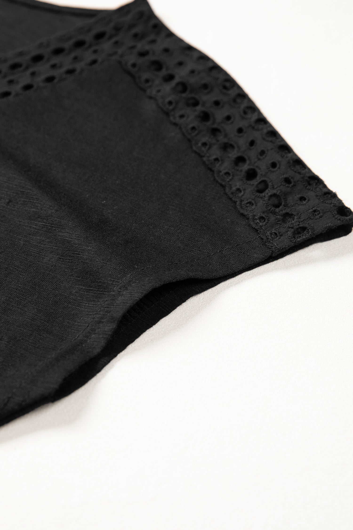 Black Cutout Embroidered Trim V Neck Cap Sleeve Tee