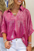 Myosotis Collared V Neck Half Sleeve Metallic Top