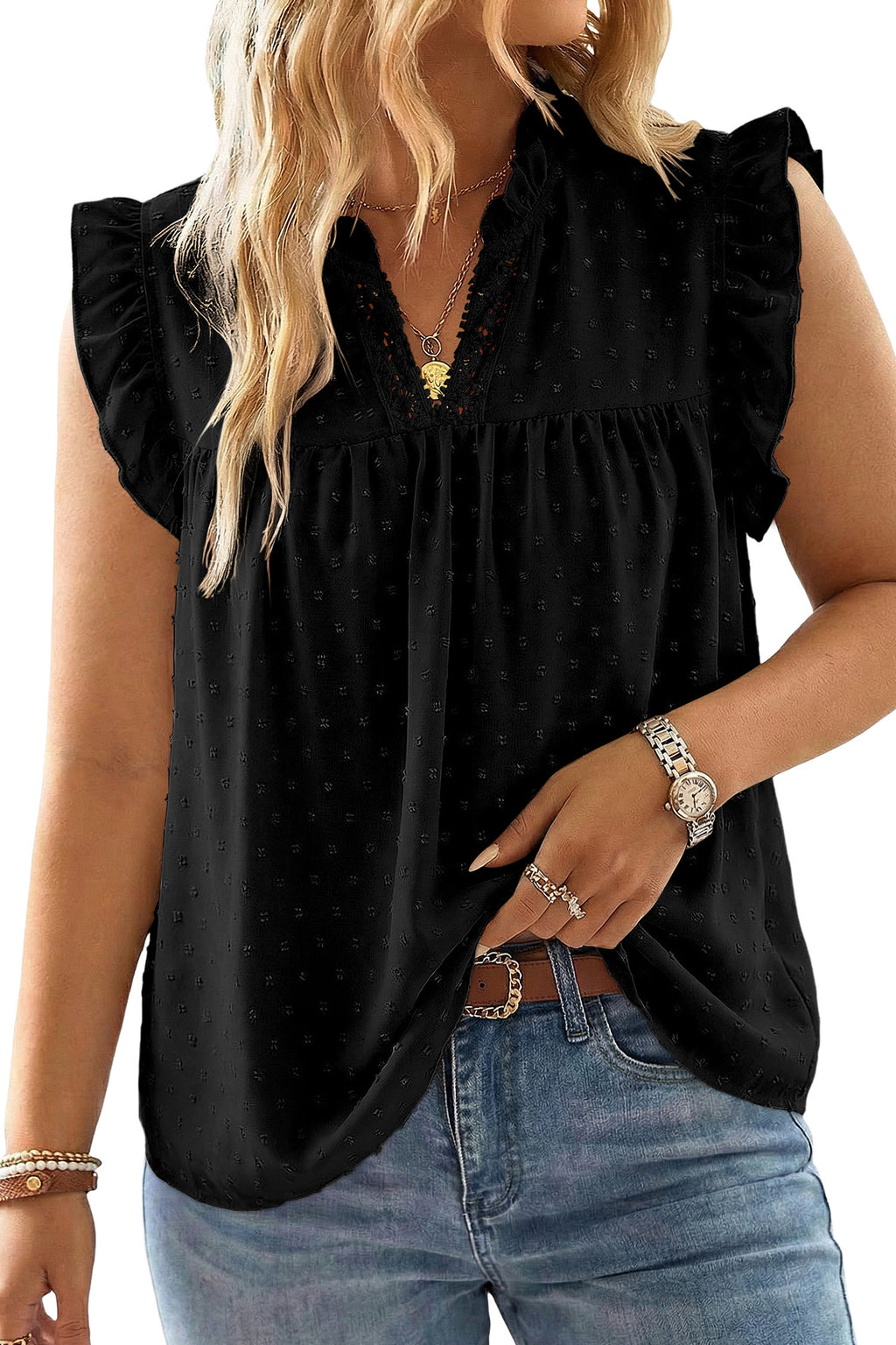 White Plus Size Swiss Dot Ruffle Lace Trim V Neck Tank Top