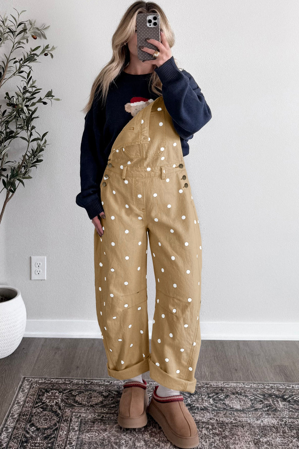 Light French Beige Polka Dot Print Bib Pocket Denim Barrel Overalls Jumpsuit