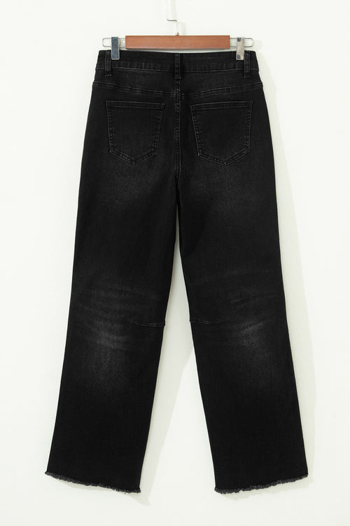 Black Frayed Cropped Straight Jeans