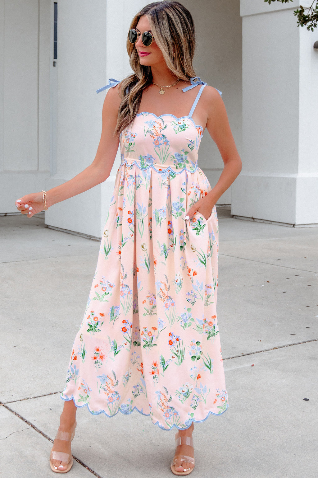Yellow Floral Print Contrast Trim Self-tie Straps High Waist Midi Dress