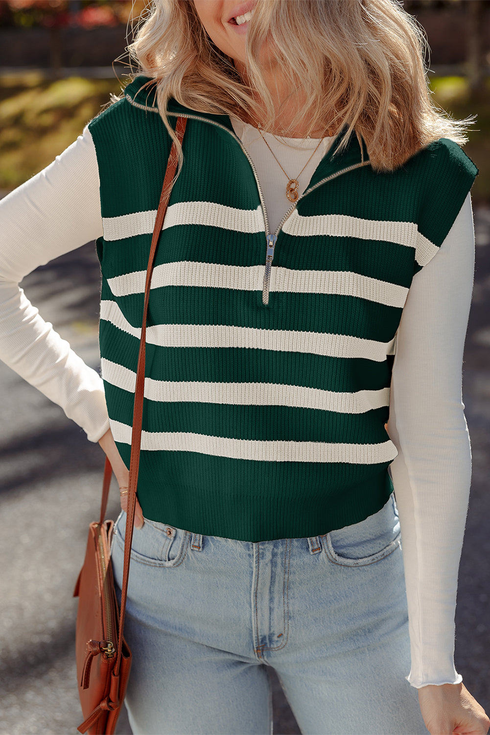 Light Blue Ribbed Half Zip Collared Sweater Vest