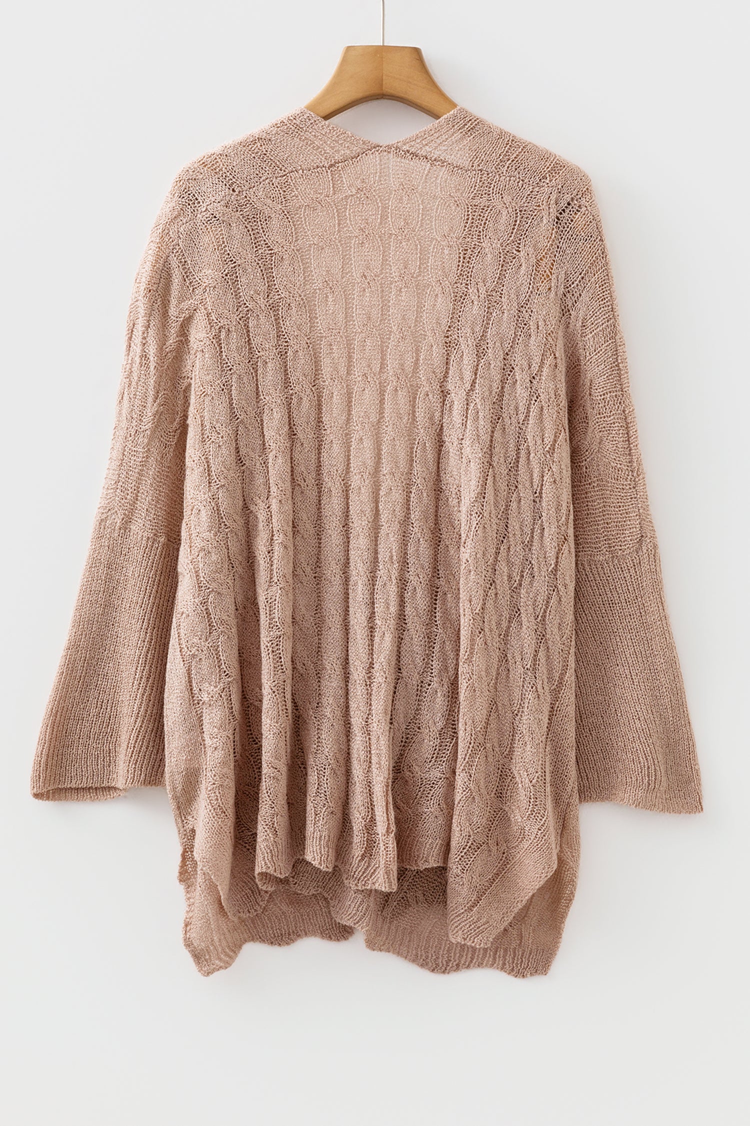 Pink Hollowed Pattern Knit Drop Shoulder Open Sweater Cardigan