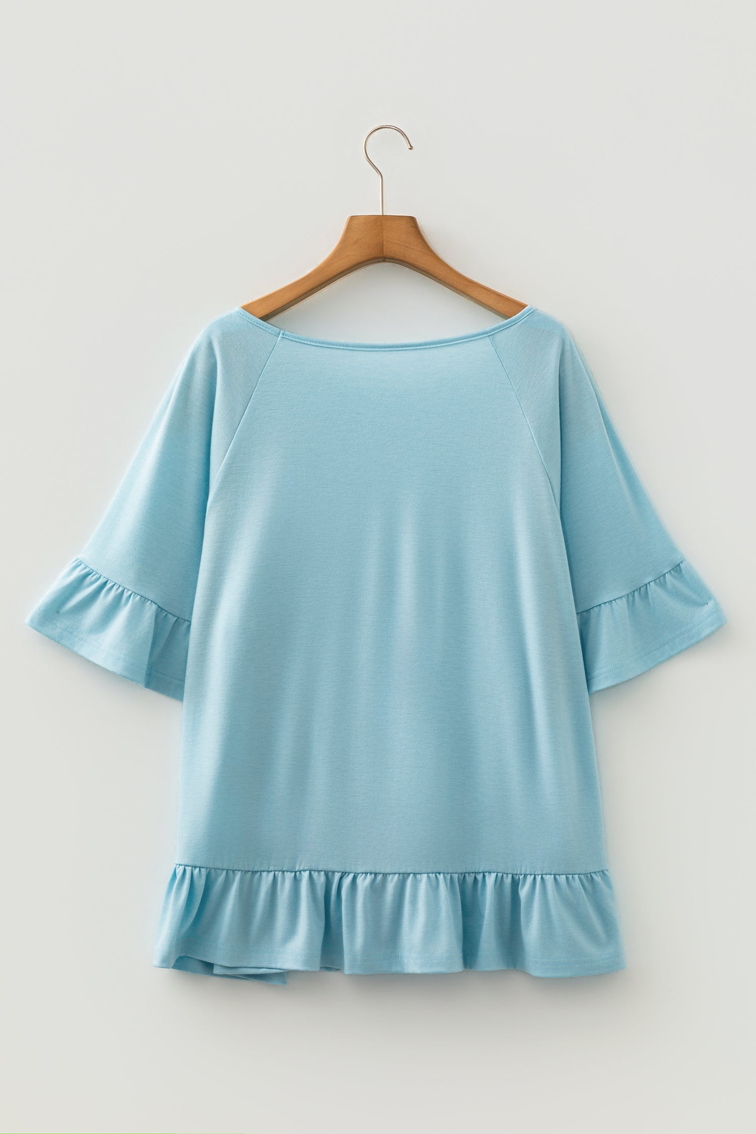 Light Blue Ruffled Short Sleeve Plus Size Casual Blouse