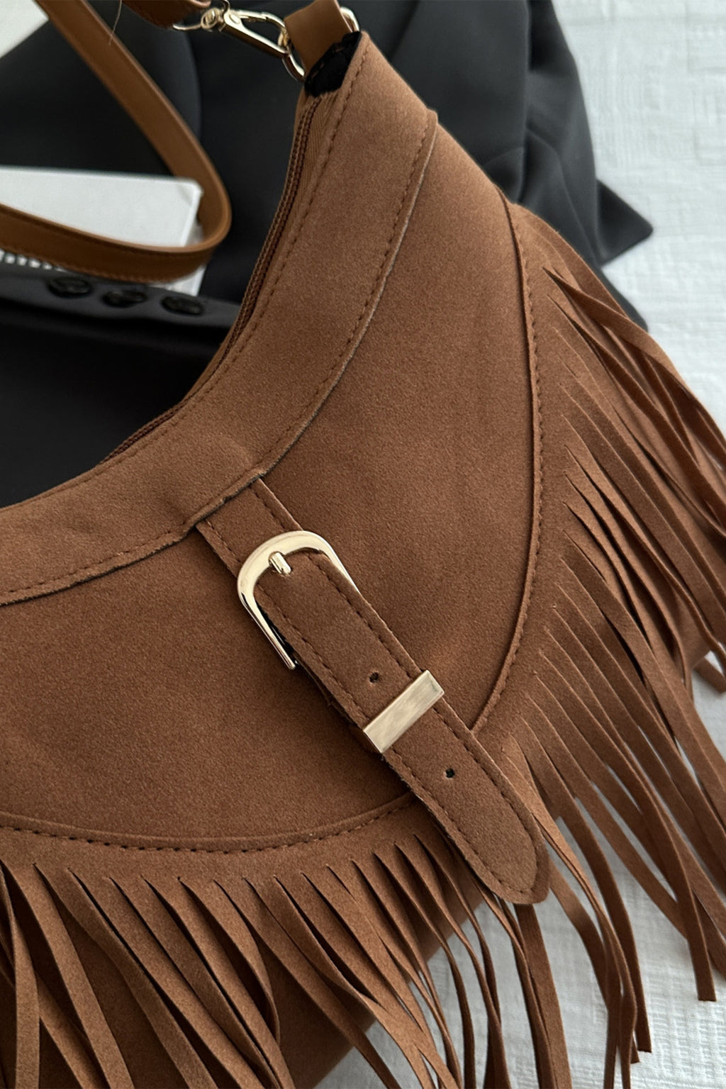 Coffee Faux Suede Boho Fringe Hobo Shoulder Bag