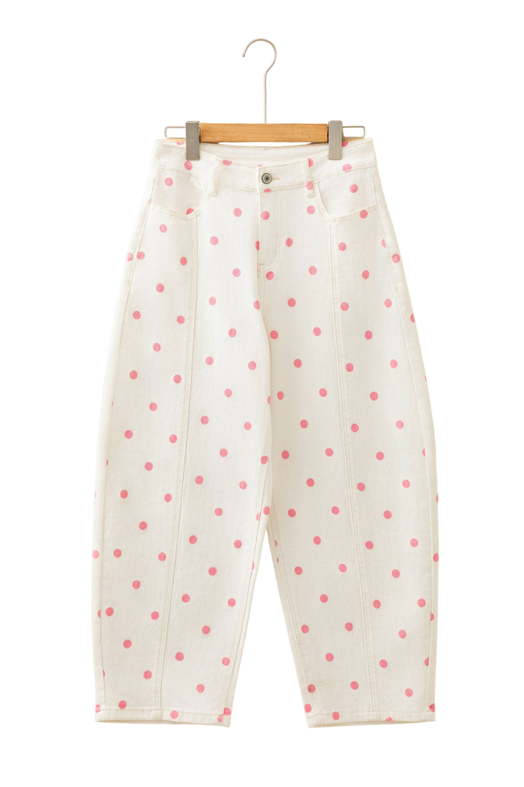 Blue Polka Dot Print Seam Detail Barrel Jeans