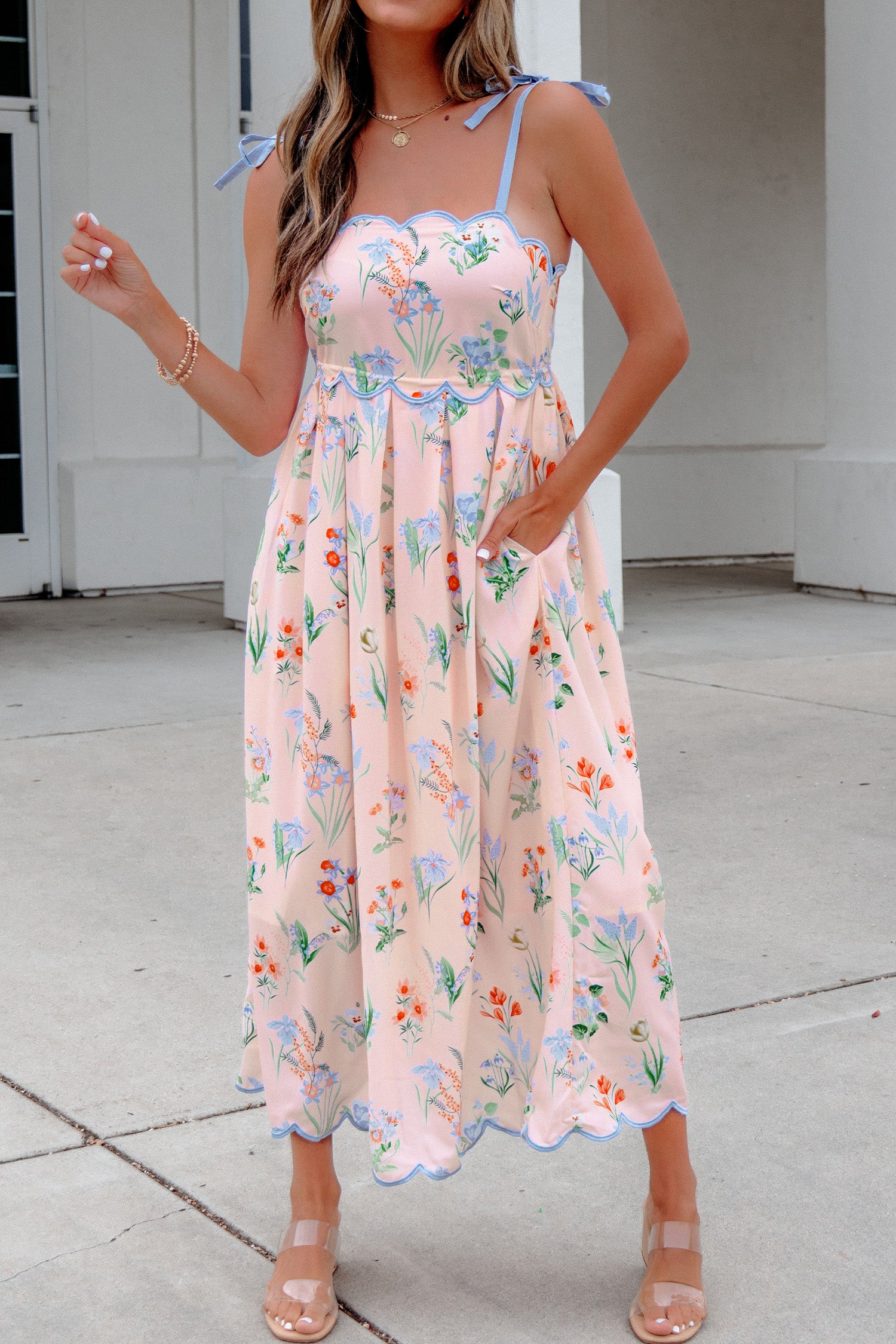 Yellow Floral Print Contrast Trim Self-tie Straps High Waist Midi Dress