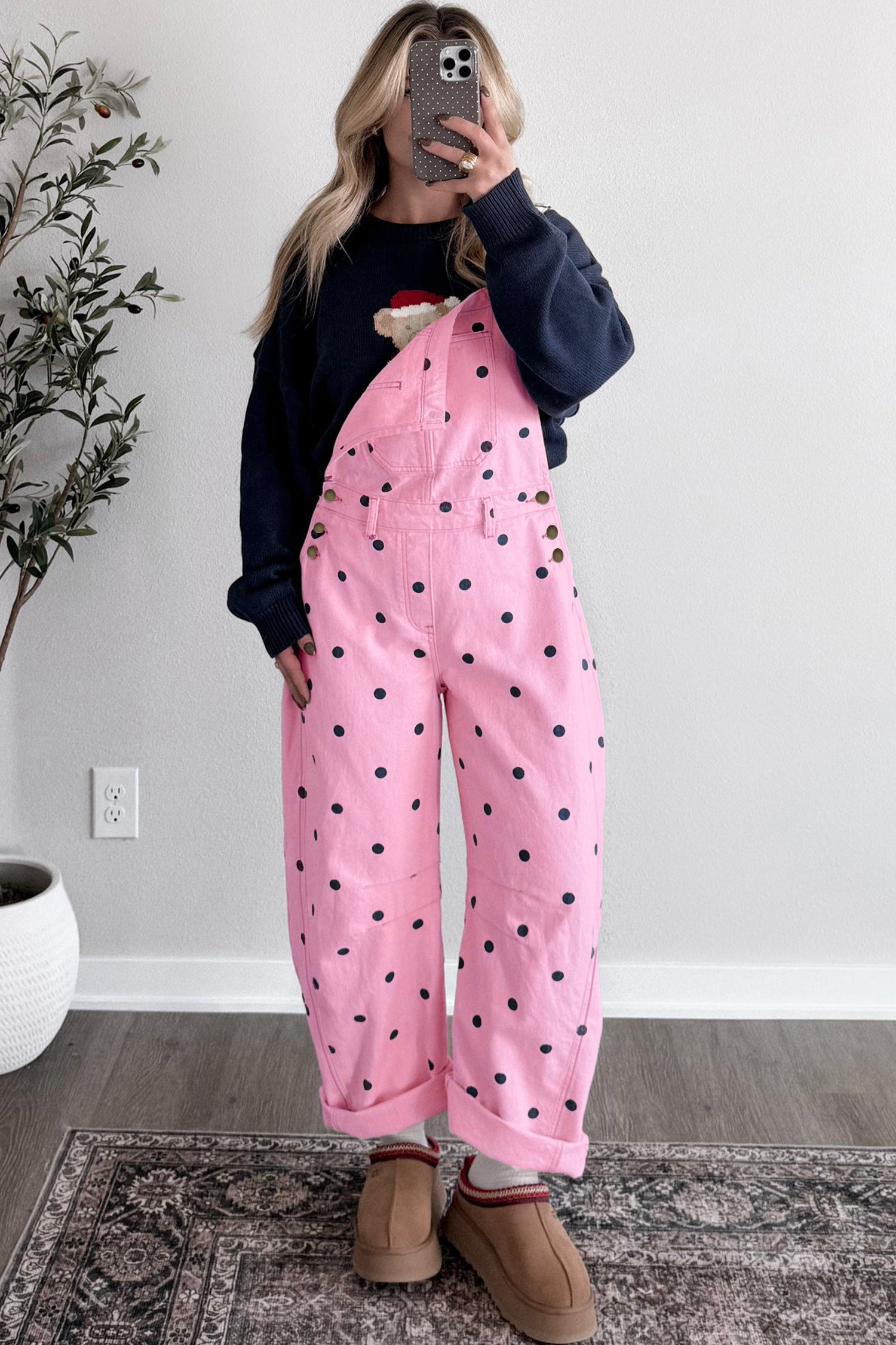 Light French Beige Polka Dot Print Bib Pocket Denim Barrel Overalls Jumpsuit