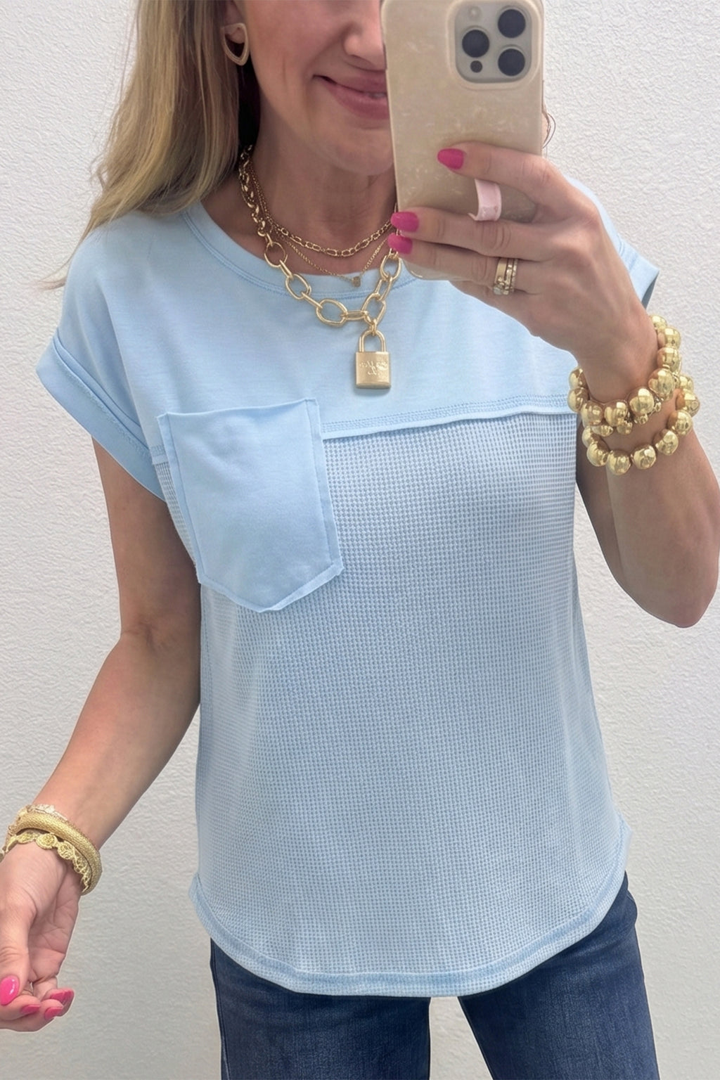Light Blue Solid Color Raw Seam Waffled Patchwork Casual T Shirt