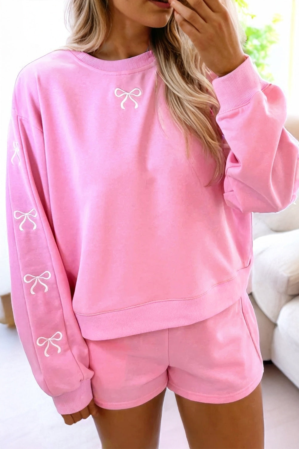 Light Grey Girly Bow Embroidered Detail Puff Sleeve Pullover 2pcs Short Set